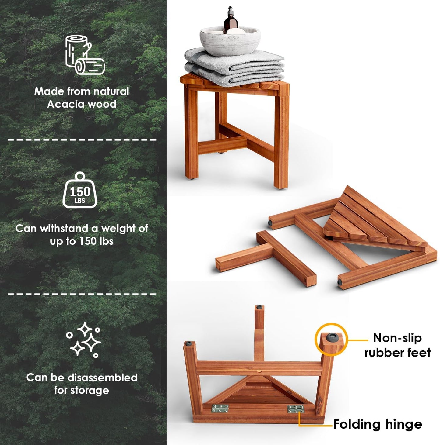 HOLANA 12" Acacia Shower Stool for Shaving Legs - Wooden Shower Foot Rest - Small Shower Corner Stool Seat for Inside Shower - Waterproof Bath Step Stools Bench for Bathroom (Acacia Wood)