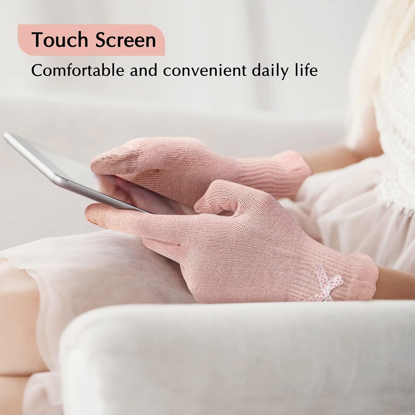 Evridwear Cotton Moisturizing Gloves Overnight Touchscreen for Dry Hands SPA Eczema Hand Care, Day and Night Moisturizing Sleeping Gloves (2 Pairs L/XL, Feather Weight Pink)