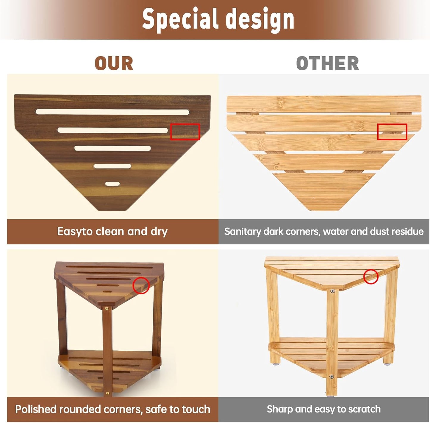 IBosins 16in Shower Foot Rest Corner Shower Stool for Shaving Legs with Storage Shelf Small Bench for Inside Shower to Sit on Bath Seat - Acacia Wood