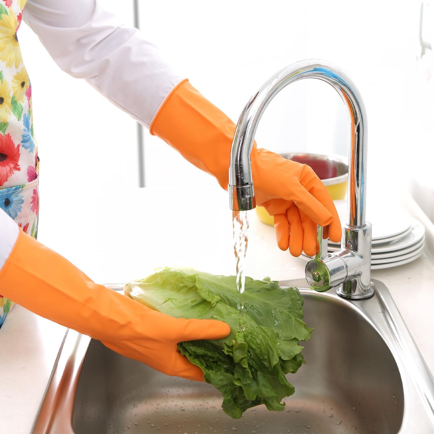 Bamllum Rubber Cleaning Gloves for Kitchen - 4 Pairs Reusable Dishwashing Gloves for Household, Flexible Long-lasting & Waterproof (Large, Blue+Green+Red+Orange)