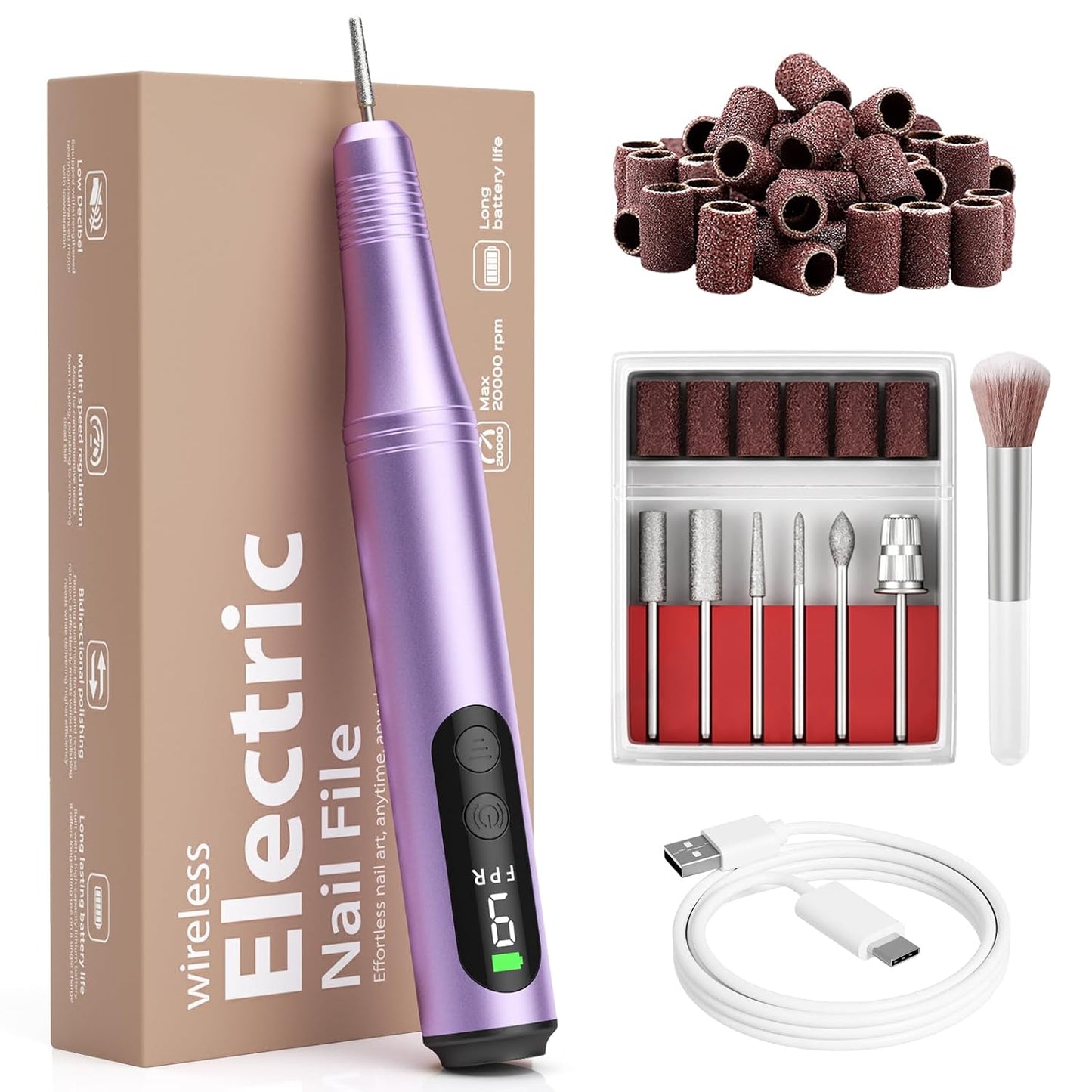 Cordless Electric Nail Drill File Kit Professional Portable Electric Nail File Set Machine for Acrylic Gel Nails,Toenail Hand Feet Care,9 Speed with LED Display Ideal Gift for Men and Women-Purple