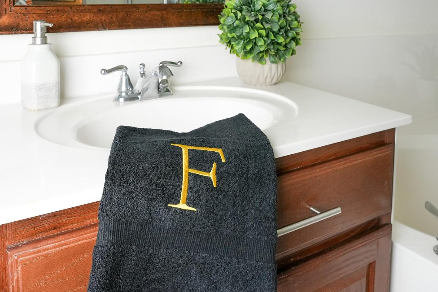 Black Monogrammed Hand Towel for Bathroom - Initial Hotel Quality Decorative Embroidered Luxury Towel for Powder Room, Spa - GOTS Organic Certified - Pack of 2 - Letter F
