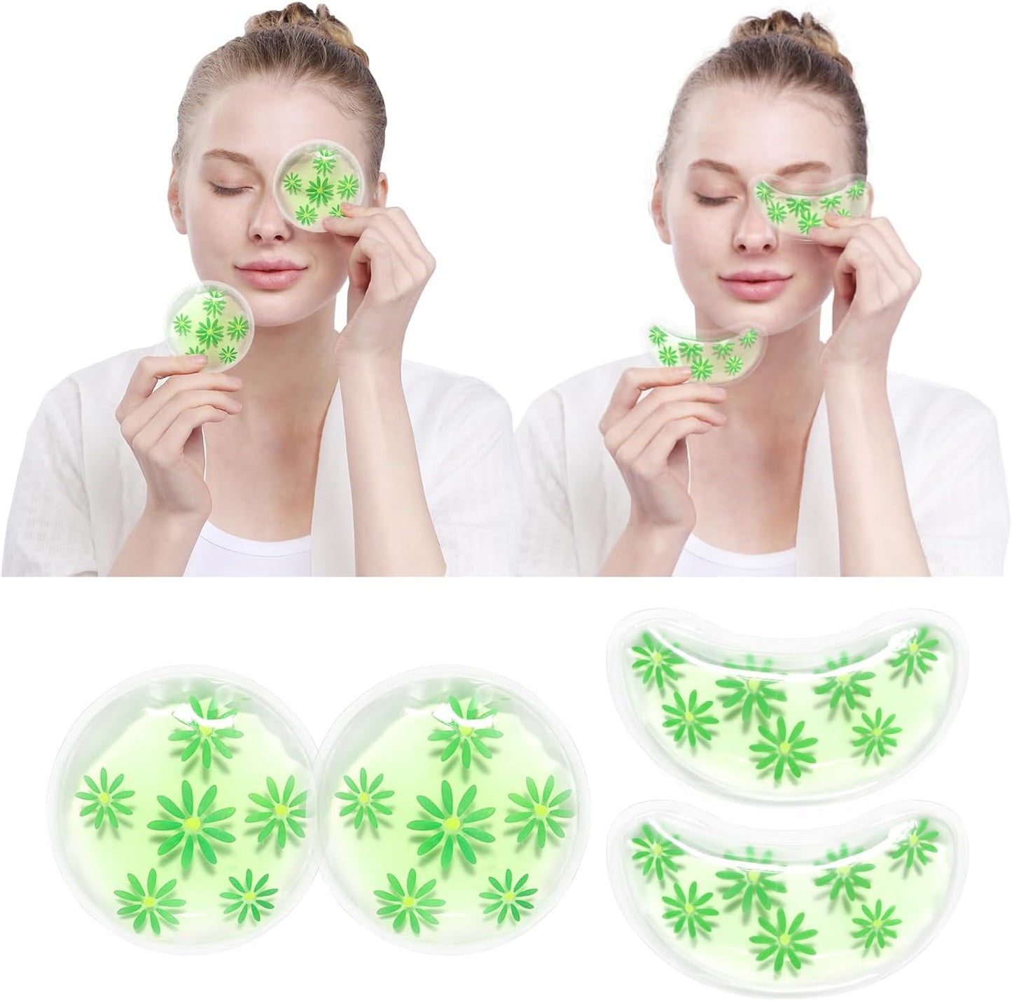 4PCS Gel Eye Ice Pack Set, Cold & Hot Compress, Reusable Cooling Gel Pads for Strain Relief, Relaxation, SPA and sleep(Green leaves)