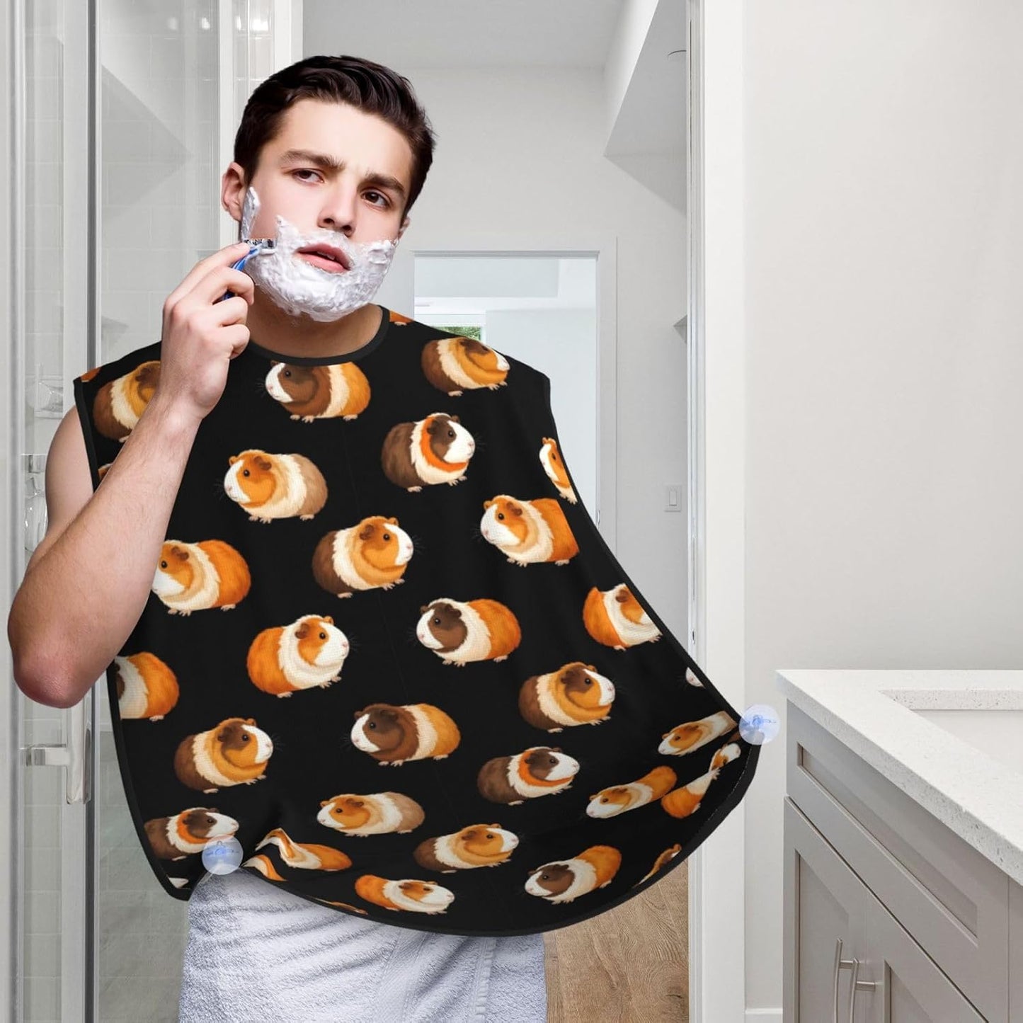 Waterproof Beard Trimming Bib, Non-Stick Hair Catcher for Men Shaving, Grooming Apron for Husband Dad, Cute Cartoon Guinea Pigs Black Shave Bib
