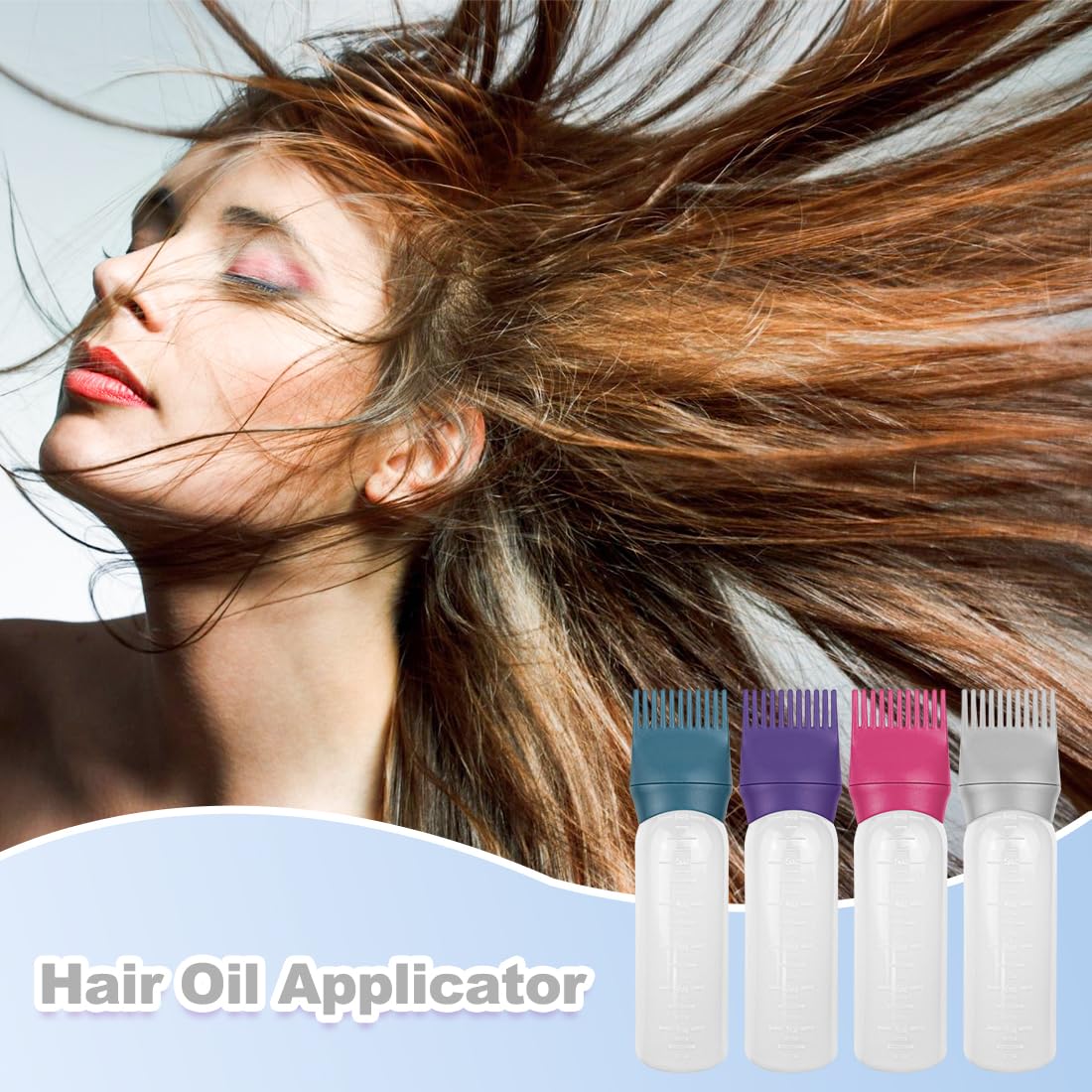 ELANE 4 Pcs Root Comb Applicator Bottle, 6oz, Hair Oil Applicator Bottle for Hair, Dye, Shampoos, Salons, Camping, Traveling (Purple+Grey+Red+Green)