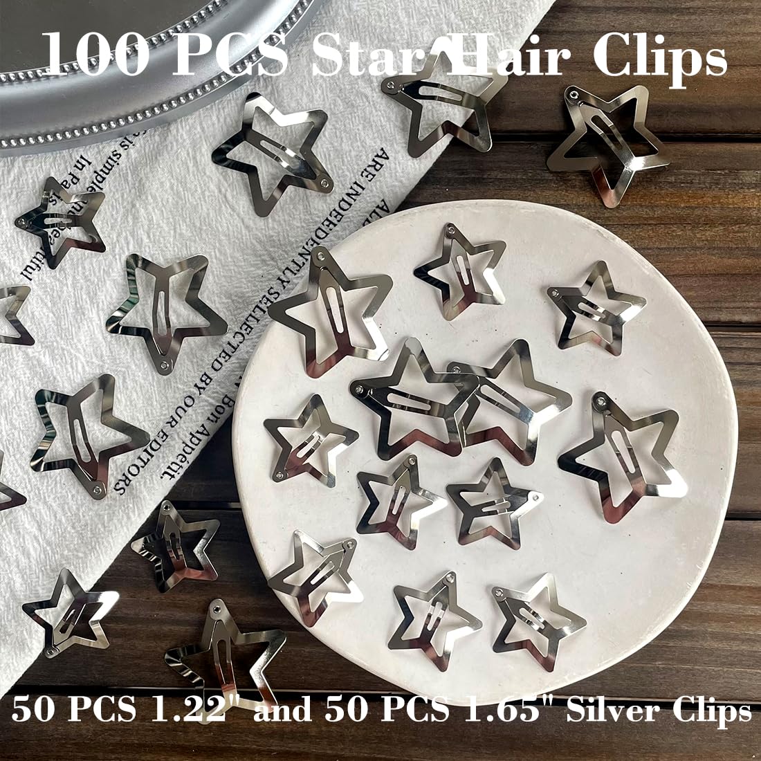 100 PCS Stars Hair Clips,50PCS 1.22"Clip and 50 PCS 1.65"Clips Snap Star Hair Accessories Non Slip Star Clips for Girls Women Y2K Accessories Silver Metal Hair Clips