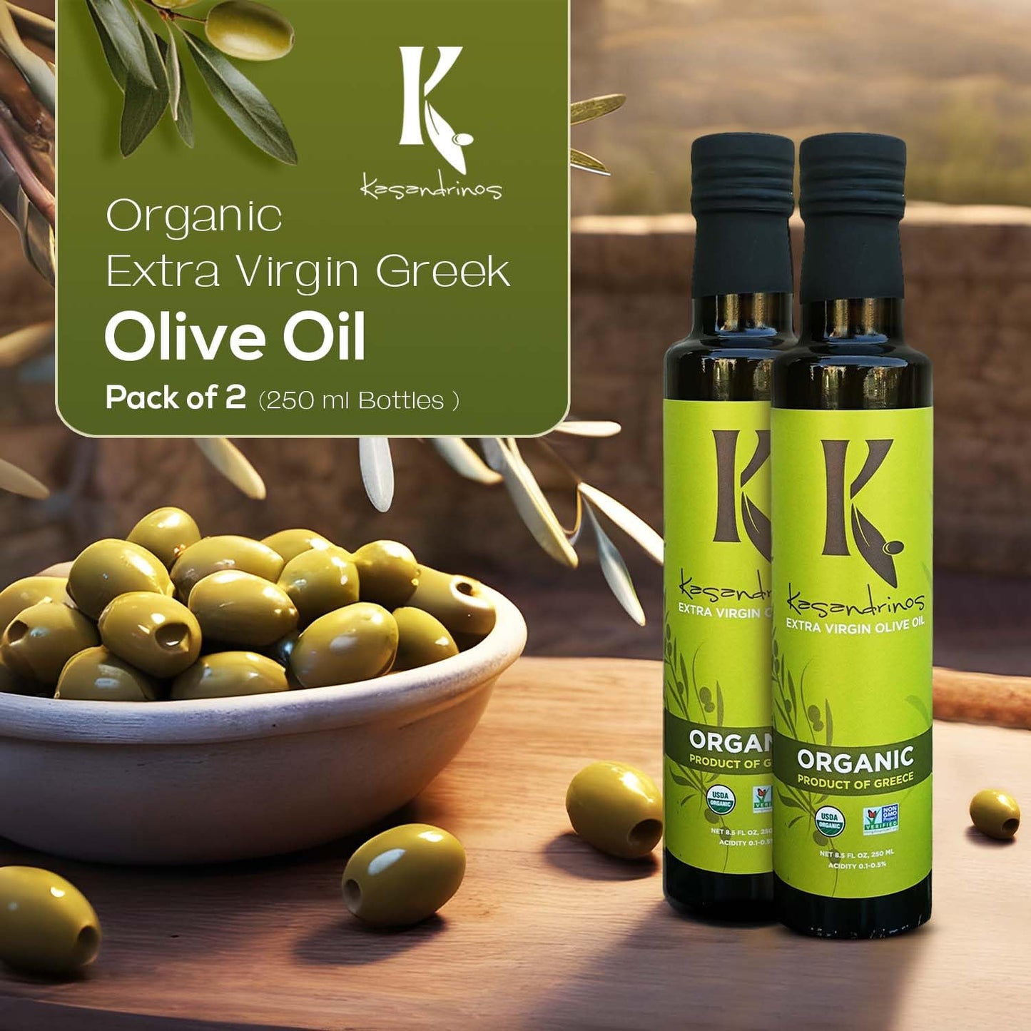 Kasandrinos Organic Olive Oil Extra Virgin, Polyphenol Rich Greek Olive Oil, 100% Organic First Cold Pressed, Mild + Delicate Flavor, Verified by Non GMO, 250 ml / 8.5 oz (Pack of 2)