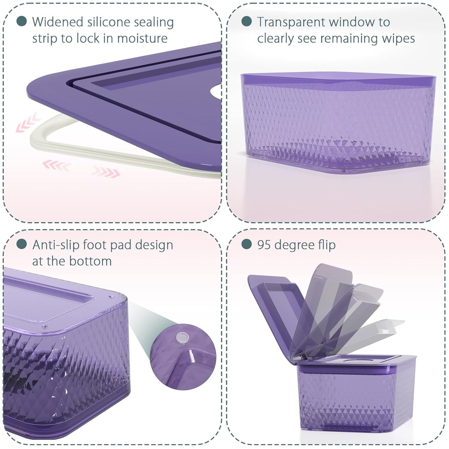 Wipes Dispenser, One-Handed Operation Wipe Holder for Baby & Adult, Seal-Designed Wipes Container for Bathroom Keep Diaper Wipes Fresh (Purple)