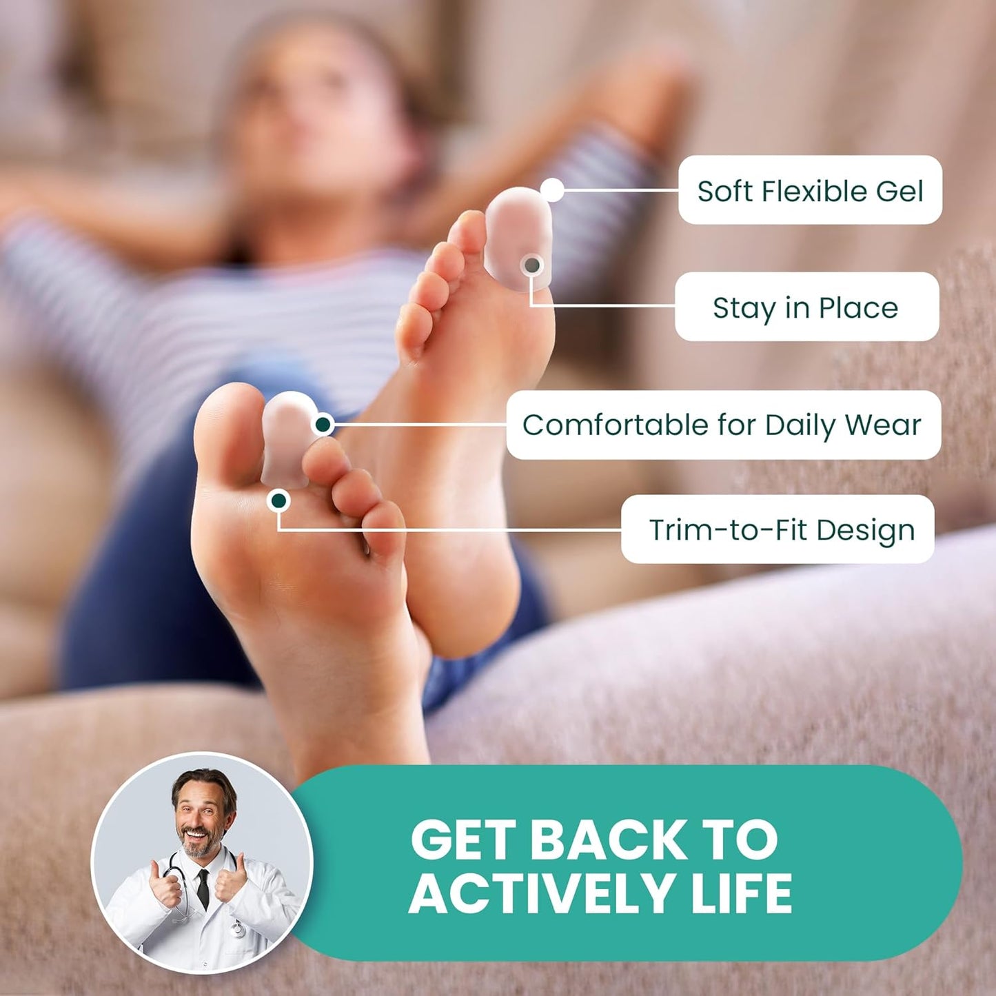 Welnove Gel Toe Cap and Protector - Silicone Toe Covers - Toe Cushions for Pain Relief, Missing or Ingrown Toenails, Corns, Calluses, Blisters - Infused Aloe Vera Extract (4 Large + 8 Medium, Clear)