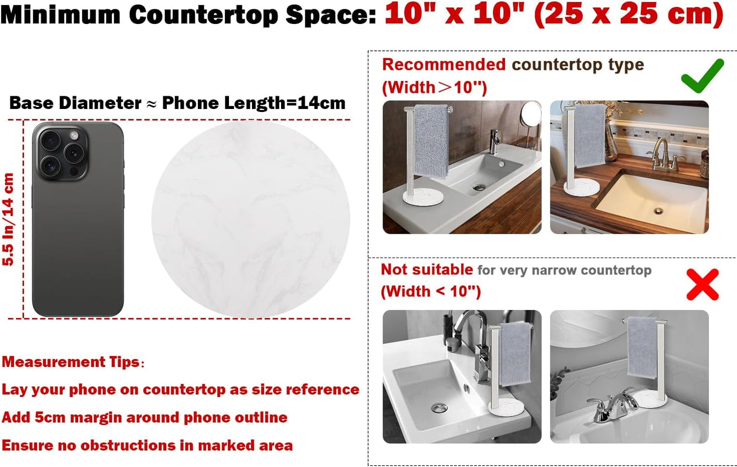 Hand Towel Holder Stand for Bathroom, L- Shaped Standing Hand Towel Rack, Towel Bar Kitchen Vanity Countertop Organizer, SUS304 Stainless Steel Material (Marble Base, Brushed Nickel)