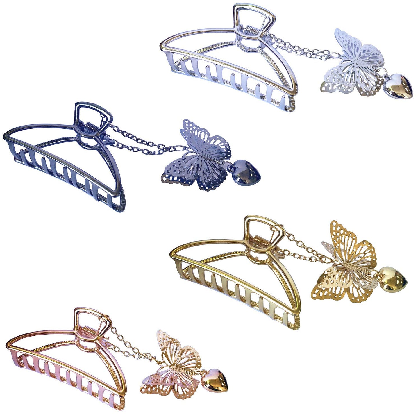 TANG SONG 4PCS Metal Hair Claw Clips with Butterfly and Heart Pendant Hair Catch Barrette Jaw Clamp for Women Half Bun Hairpins for Thin Hair(Silver+Gold+Rose Gold+Black)