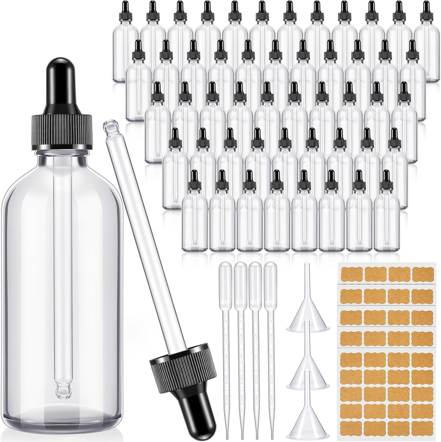 Lallisa 48 Pcs Glass Dropper Bottles with Eye Dropper Dispensers Lab Dropping Bottles with 4 Pcs Long Pipettes 4 Funnel and 80 Label for Travel Cuticle Massage Essential Oils Perfume (Clear,4 oz)