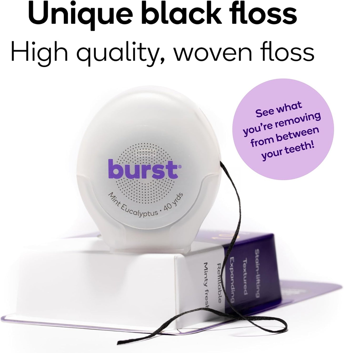 BURST Expanding Dental Floss (Mint Eucalyptus/240 Yards) | Stain Absorbing & Woven with Xylitol Coating to Fight Cavities | Vegan | Paraben Free
