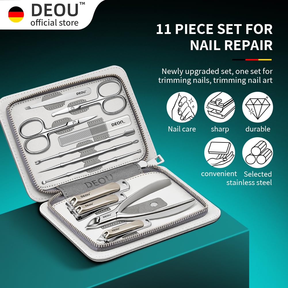 DEOU Kit Grooming Nail Clippers Set 11 in 1 Stainless Steel Professional Manicure Kit Nail Clippers Set for Women, 11pcs Luxurious Personal Care Manicure Nail Gift Set for Travel or Home