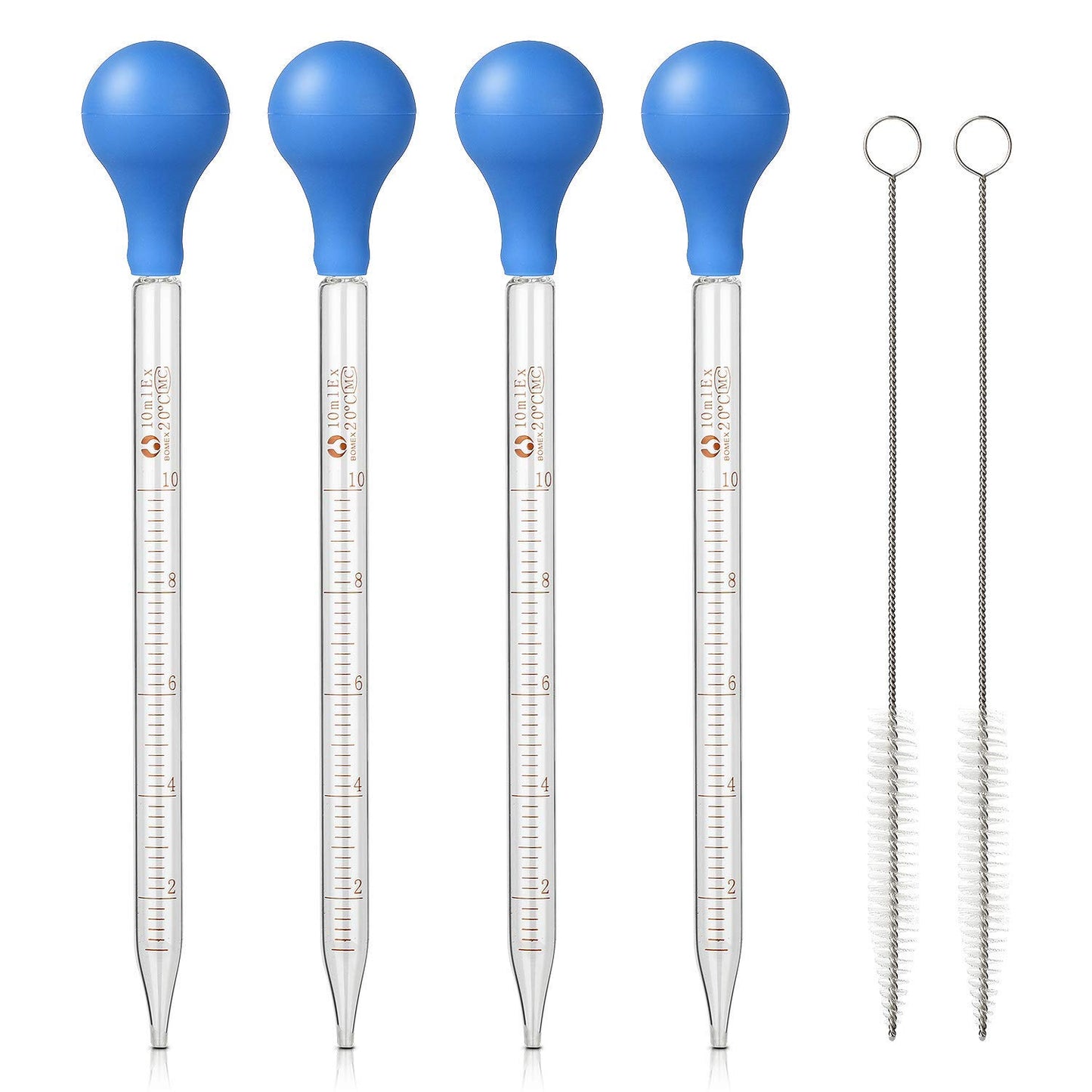 4Pcs Glass Graduated Dropper Pipette for Liquid Essential Oil, 10ml Lab Dropper Pipettes Transfer with Rubber Cap and 2Pcs Cleaning Brush