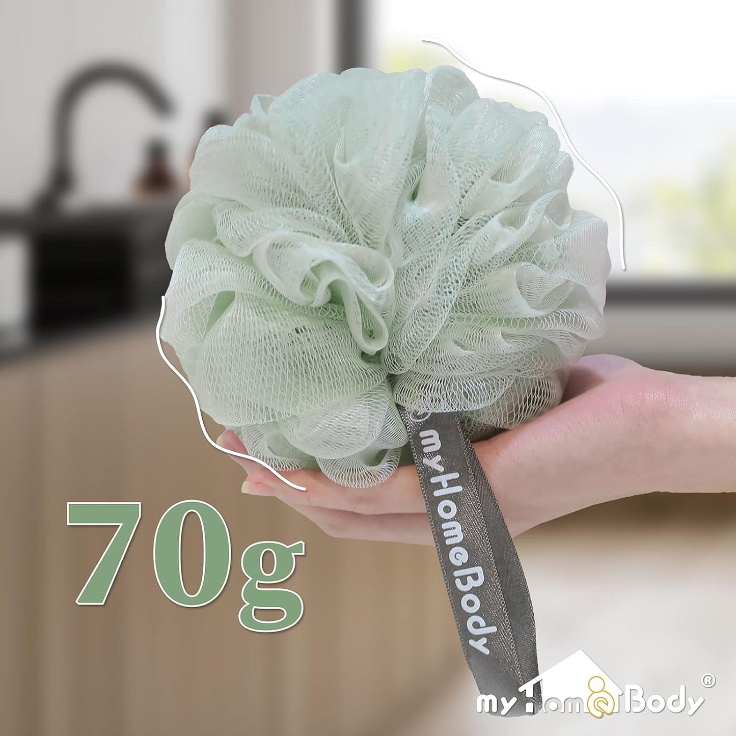 myHomeBody Large 70g Loofah Sponge, Body Scrubber, Bath Sponge, Loofah for Women, Men, Exfoliating Sponge Shower Pouf with Activated Charcoal - 2 Sea Foam Green + 1 Navy Blue, 3 Pack