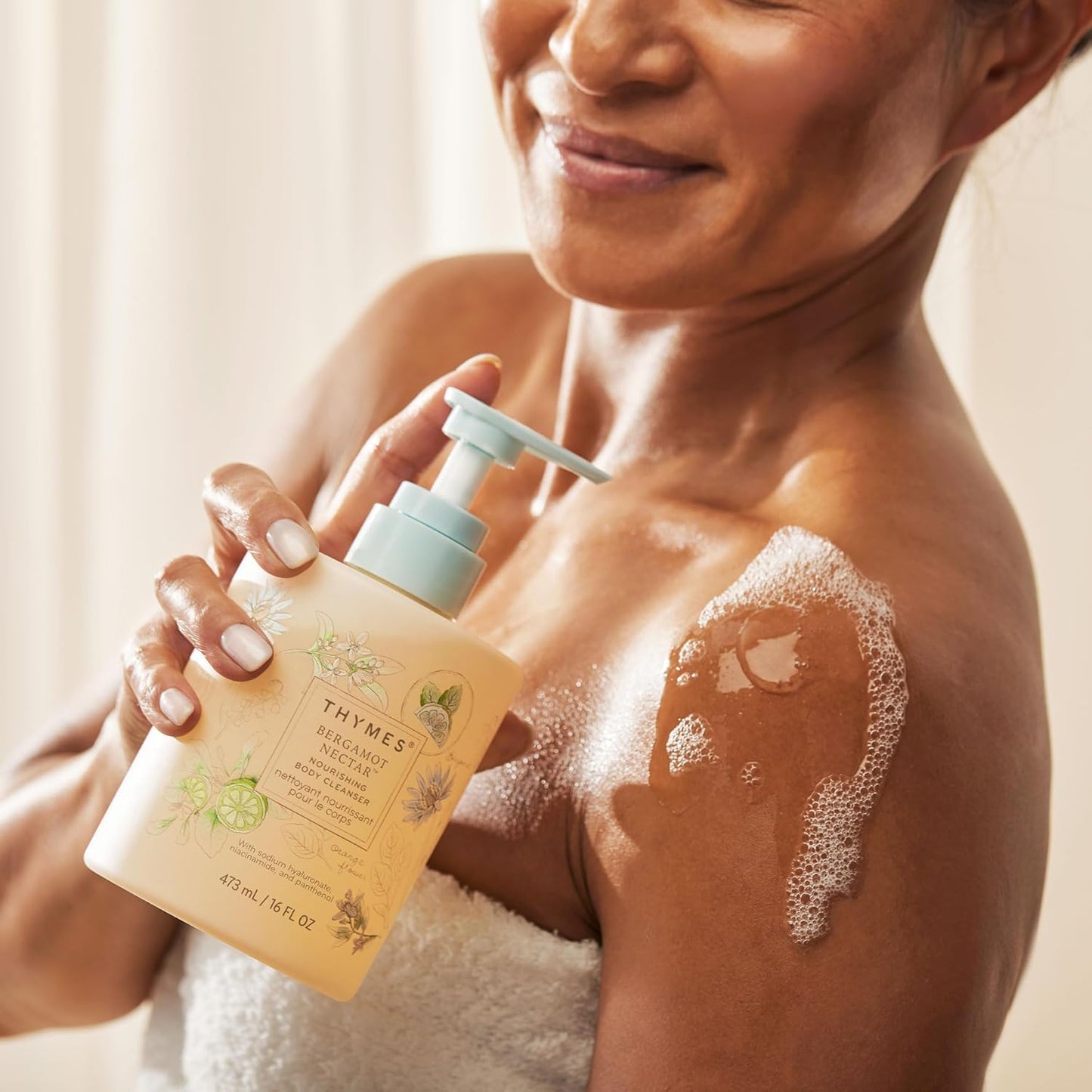 Thymes Nourishing Body Cleanser - Large Moisturizing Body Wash with Pump - Hydrating Cleanser - Notes of Bergamot, Orange Flower, Lemon, Lotus & Sandalwood. (Bergamot Nectar, 16 fl oz)