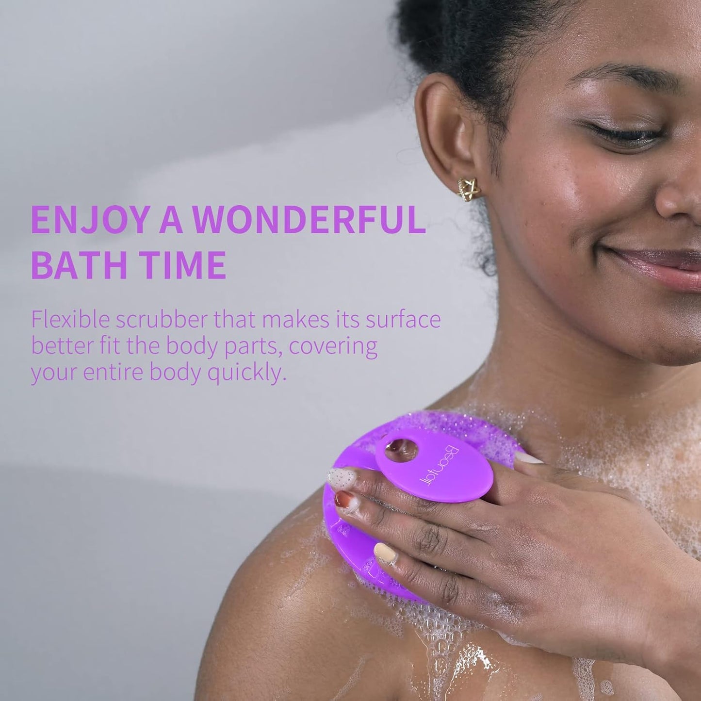 Silicone Body Scrubber, BEAUTAIL Shower Bath Scrubber, More Hygienic Than Traditional Loofah, Lather Nicely, Long Lasting, Gentle Exfoliating Brush for Women Men Baby Sensitive Skin, 1 Pack, Purple