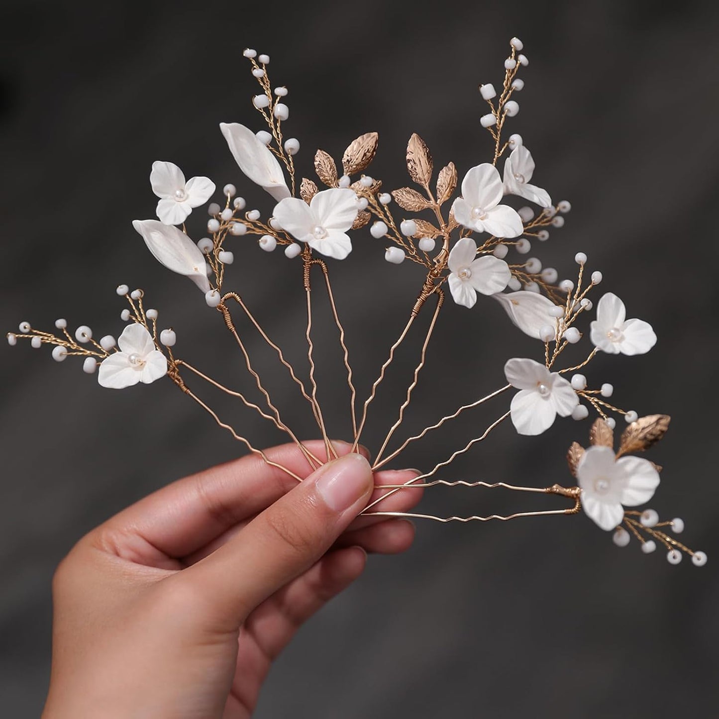 Beads Pearl Hair Pins, 6 Pcs Bridal Handmade White 3D Pinch Flower Fairy Bride Wedding Hair Pieces Leaf U Shaped Hair Accessories Headpiece Bridesmaids Women Girls Gold