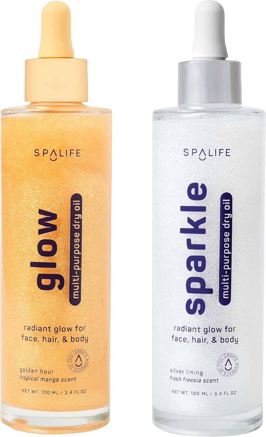 SpaLife Beauty Sparkle & Glow Body Oil Bundle – Dry Oil Duo with Subtle & Noticeable Shimmer – Mango & Freesia Scents –Hydrating, Lightweight Moisture