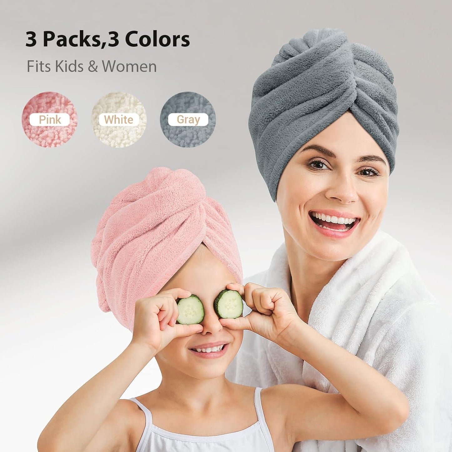 YFONG 3 Pack Hair Towel Wrap for Women with Button, Super Absorbent Microfiber Hair Towel for Wet Long Short Curly Hair, Soft Fast Drying Hair Turban Towel Anti Frizz（Pink,White, Gray）