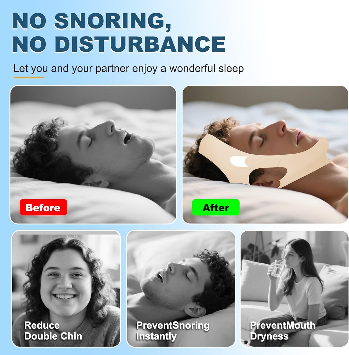 Anti Snoring Chin Strap, Chin Strap for Sleeping Adjustable High Elasticity Traceless, Comfortable Stop Snoring Solution, Breathable and Reusable Anti Snoring Devices for Men and Women (Beige)