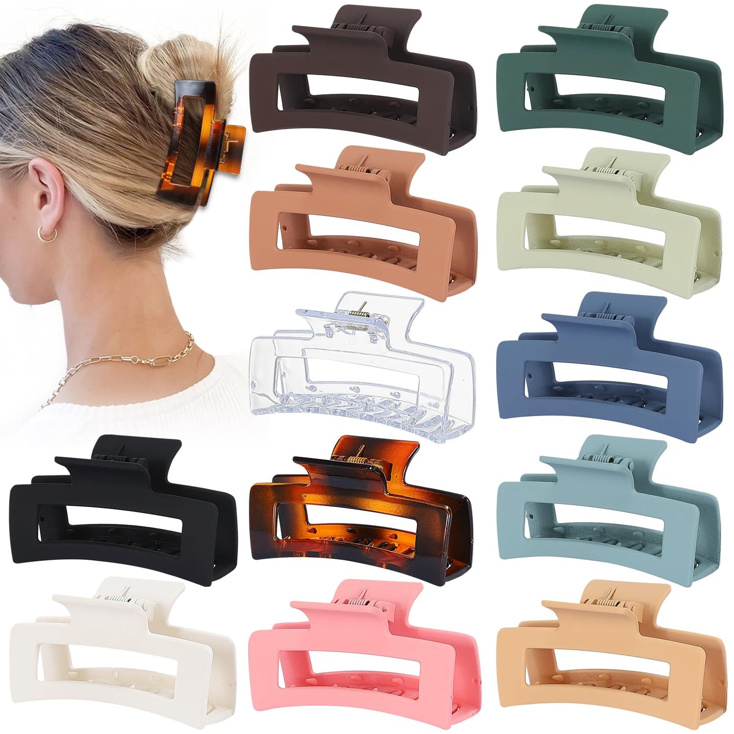 3.5 Inch Medium Hair Accessories - 12 Pcs Square Jaw Clips for Thick and Thin Hair, Rectangular Rectangle Basic Color Hair Clips for Women and Girls