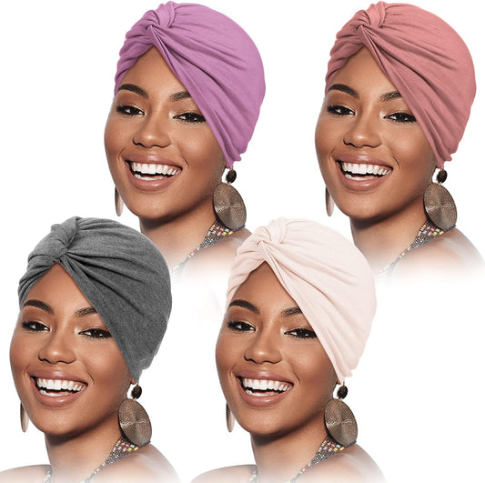 SATINIOR 4 Pieces Turbans for Women Soft Pre Tied Knot Fashion Pleated Cancer Turban Cap Chemo Headwrap Sleep Hat, 4 Colors