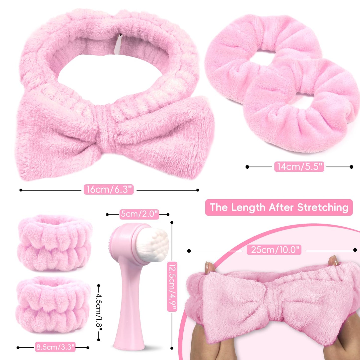 Spa Headband for Washing Face, Skincare headband and wristband set, Facial Cleansing Brush, 2-in-1 Skin Care face Brush, Come with a Hair Scrunchie, For Massaging Makeup Skincare -Pink