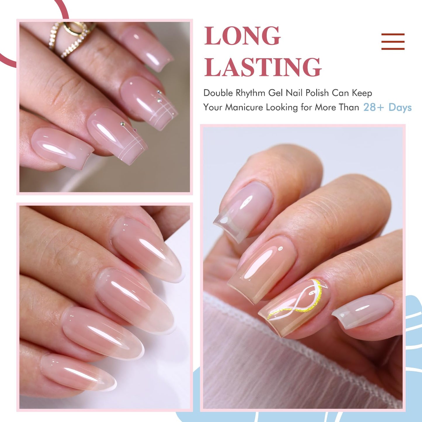 Double Rhythm Gel Nail Polish Set of 6 Colors Baby Light Pastel Milky Nail Polish Starter Kit Art DIY Salon Home (Jelly Sheer Pink Nude Orange,Kit 22)