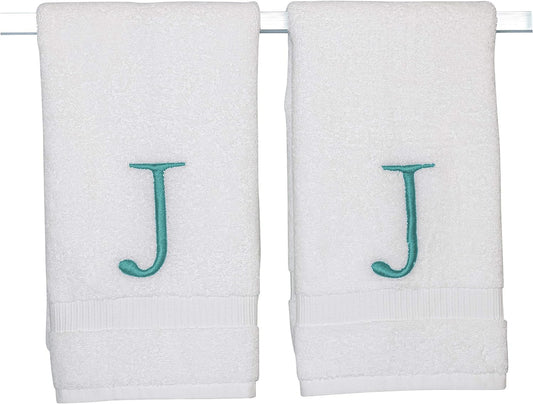 White Hand Towel for Bathroom - Monogrammed Initial Hotel Quality Decorative Embroidered Towel for Powder Room, Spa - GOTS Organic Certified - Set of 2 Teal Letter J
