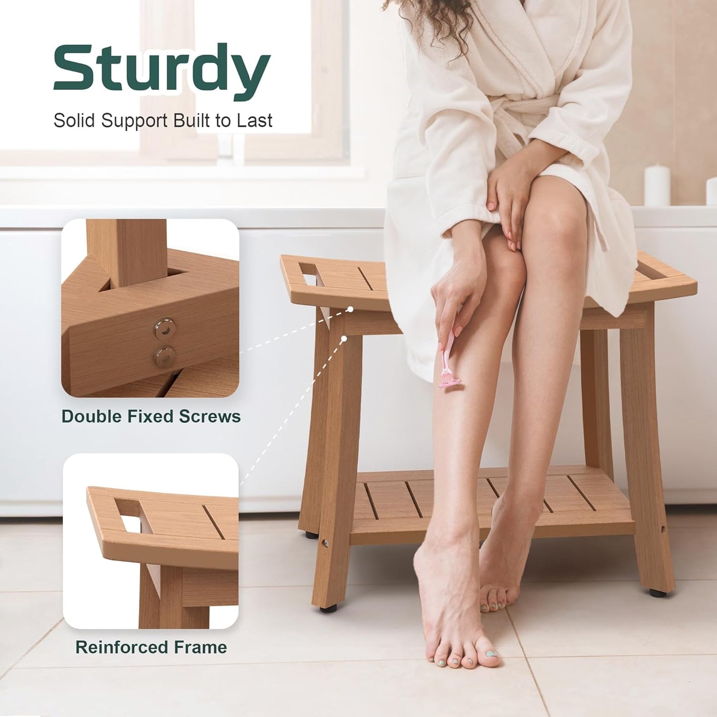 HIPS Shower Benches for Inside Shower, Waterproof Shower Stool with Storage Shelf & Adjustable Feet, SPA Bathroom Seat Chair for Shaving Legs, Indoor or Outdoor Use, Teak
