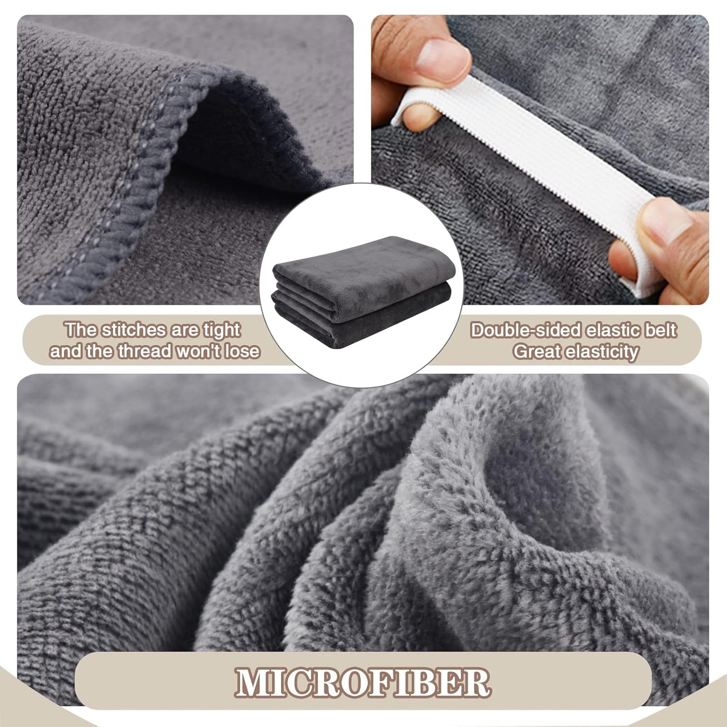 SUNLAND Microfiber Hair Towels Anti Frizz Hair Drying Towel Super Absorbent Fast Drying Turbans for Wet Curly Hair Soft Hair Towel Wrap with Elastic Band for All Hair Types 40 X 20 inches 2Pack Grey