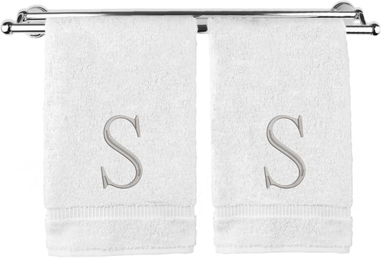 Monogrammed Hand Towel, Personalized Initial Gift, Extra Absorbent 100% Turkish Cotton - Soft Terry Finish - Set of 2 - Silver Block Initial S - Embroidered on White Towels