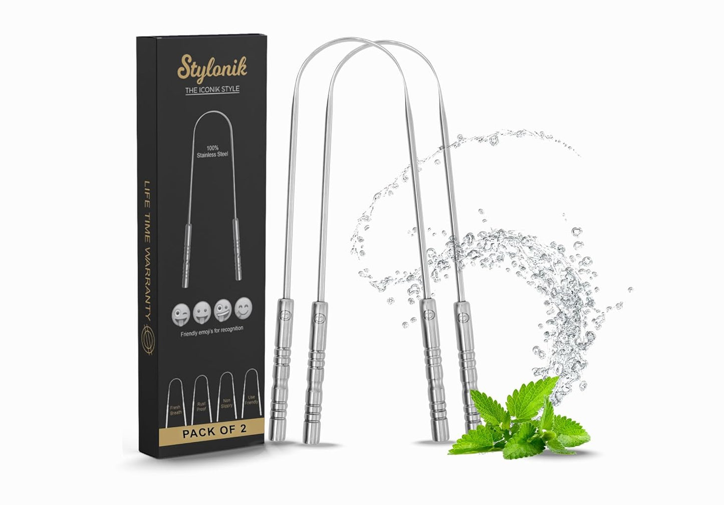 Tongue Scraper for Adults, Metal Tongue Scraper for Good, Fresh Breath & Oral hygiene essentials-100% Stainless Steel U shaped Tongue Cleaner with Friendly Emoji Recognition (Pack of 2)