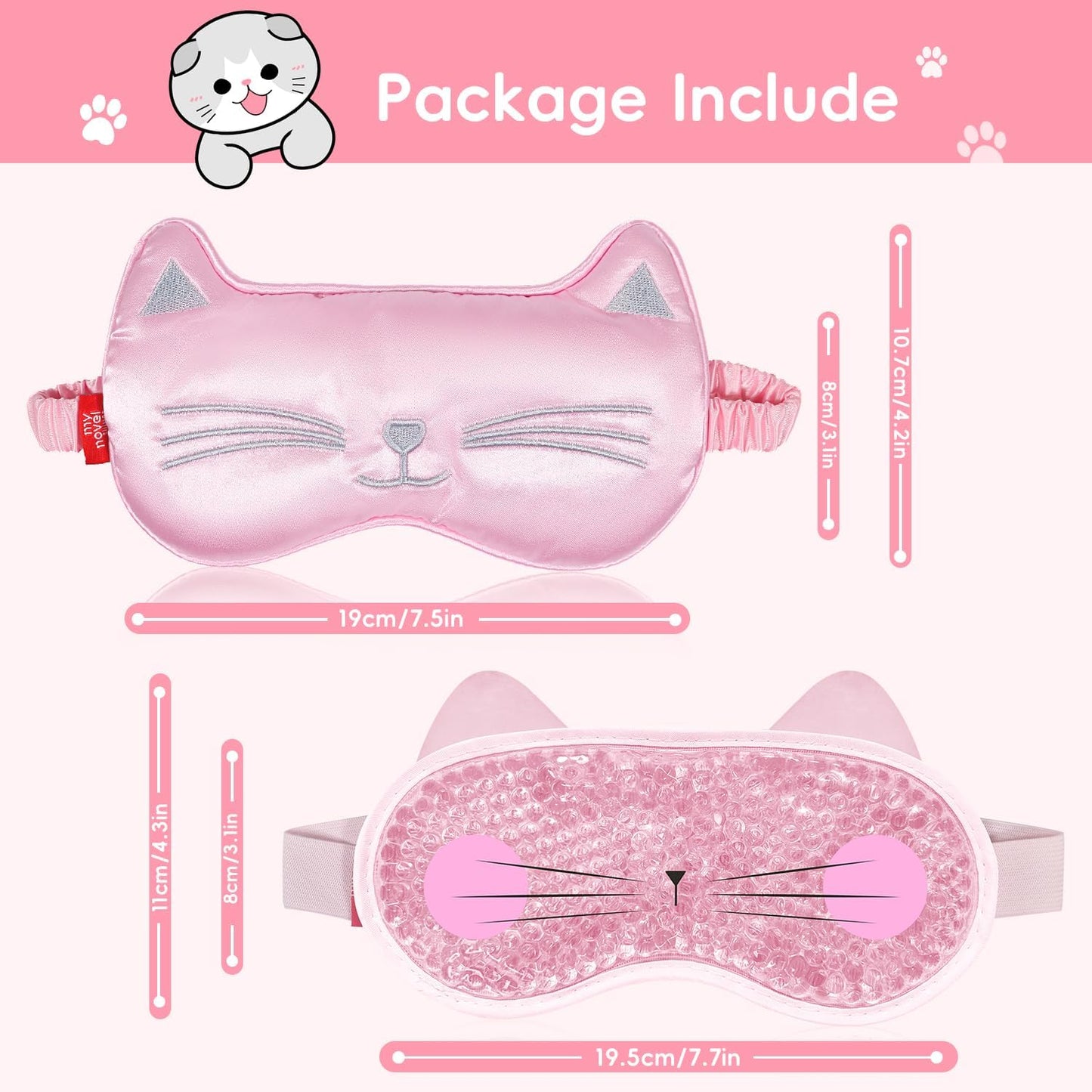 Cooling Eye Mask and Sleep Mask for Girl Woman 2 Pcs, Cute Animal Cat Cartoon Pink Sleeping Mask Soft Cold Warm Compress Gifting for Dry Eyes Puff Eye Migraine Spa, Office, Morning Refreshment
