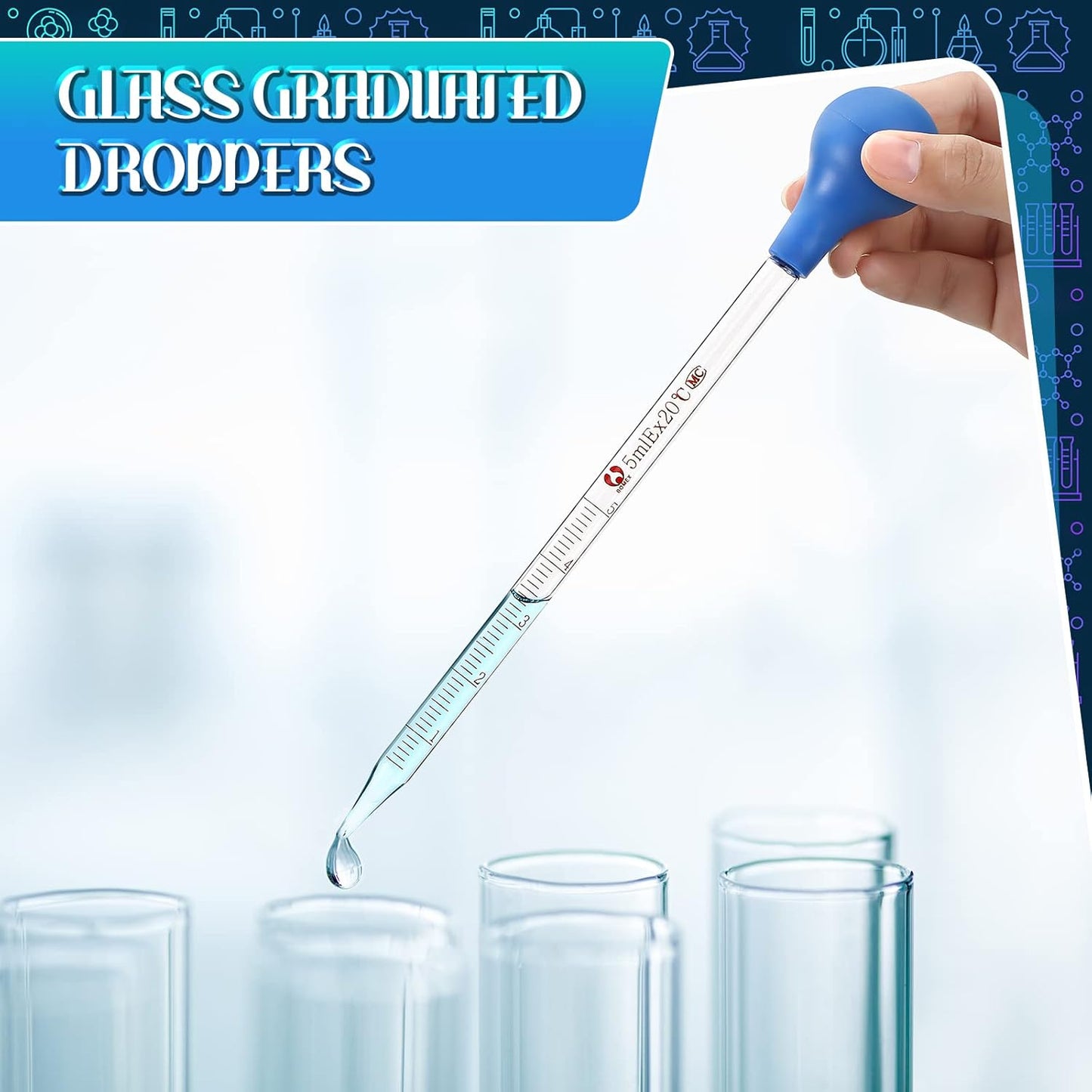 Weewooday Glass Droppers Pipettes Graduated Lab Dropper Glass Liquid Pipette with Big Rubber Hats 20 cm Stir Rod Washing Brush Transfer for Liquid Essential Oil(16 Pieces,Blue,5 ml)