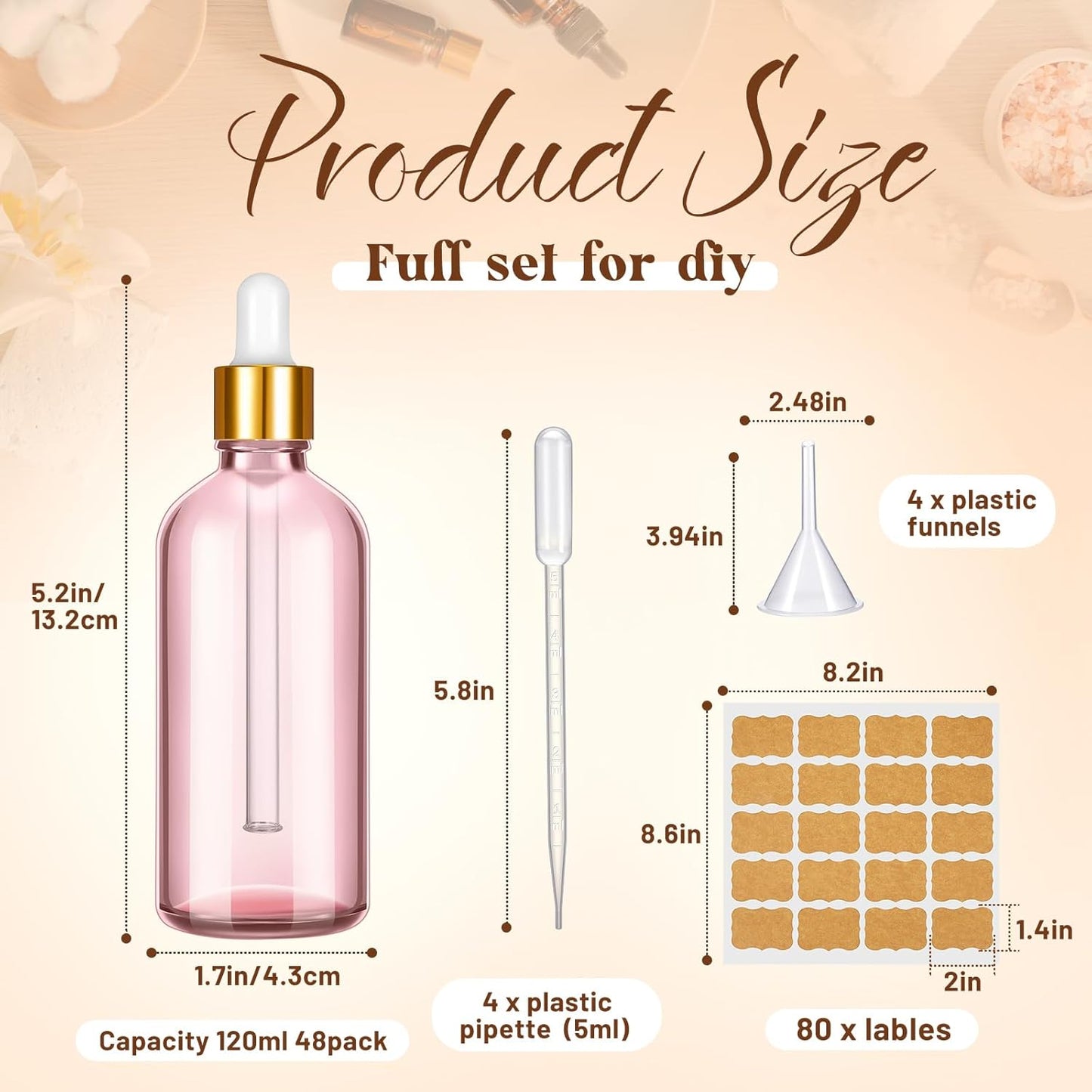 Lallisa 48 Pcs Glass Dropper Bottles with Eye Dropper Dispensers Lab Dropping Bottles with 4 Pcs Long Pipettes 4 Funnel and 80 Label for Travel Cuticle Massage Essential Oils Perfume (Pink,4 oz)
