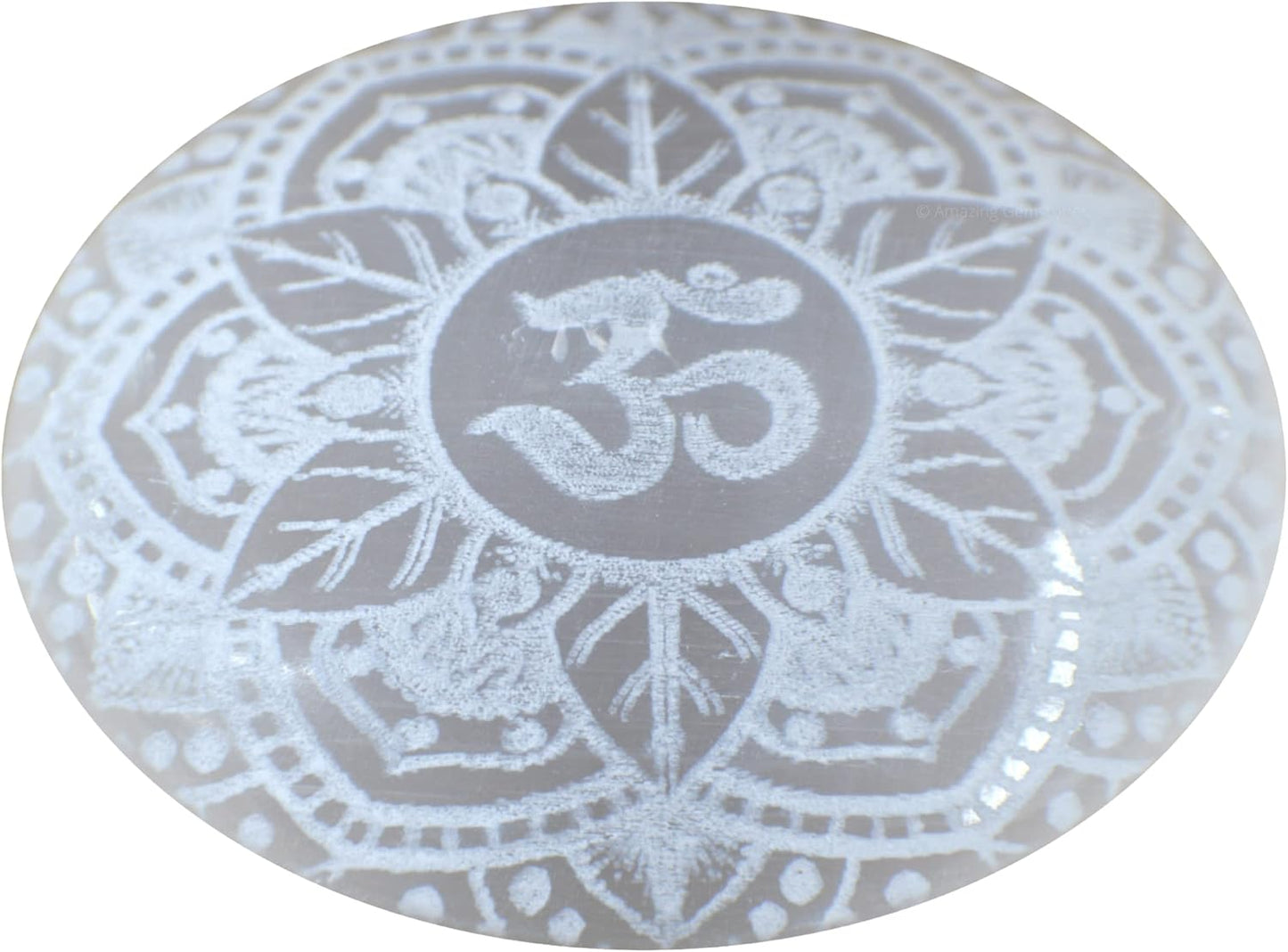 Amazing Gemstone Selenite Palm Stone - OM Engraved Hot Massage Worry Stone for Natural Body Chakra Balancing, Reiki Healing and Crystal Grid