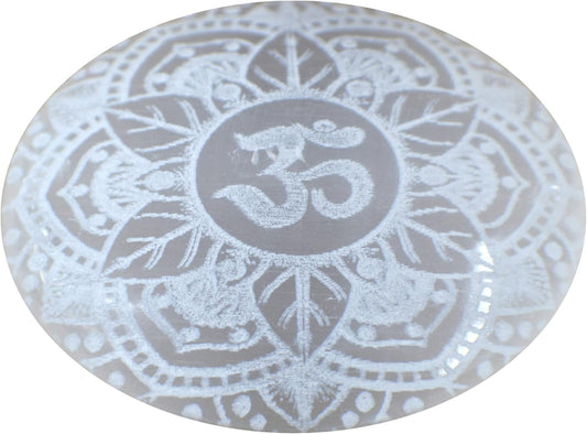 Amazing Gemstone Selenite Palm Stone - OM Engraved Hot Massage Worry Stone for Natural Body Chakra Balancing, Reiki Healing and Crystal Grid