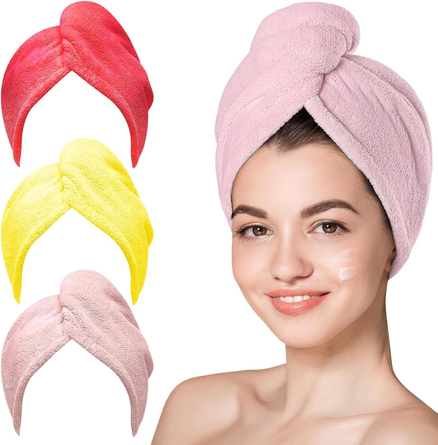 Hair Drying Towel 3 Pack - Ultra Soft Microfiber Turban Twist Hair Wrap for Women - Super Absorbent, Quick Dry Hair Towel Cap for Wet Hair (3 Colors, Yellow Pink & Red)