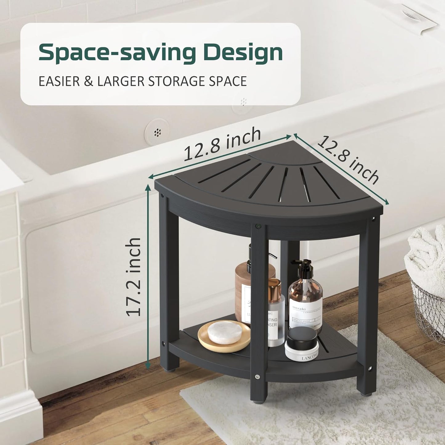 Corner Shower Stool for Inside Shower Waterproof, HIPS Poly Lumber Shower Bench Seat Chair, Bath Shower Stool for Shaving Legs Foot Rest with Adjustable & Non-Slip Feet, Load 400 lbs, Black
