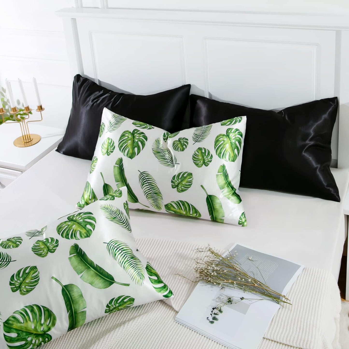 MR&HM Satin Pillowcase for Hair and Skin, Silk Satin Pillowcase 2 Pack, King Size Pillow Cases Set of 2, Silky Pillow Cover with Envelope Closure (20x36, Leaves)