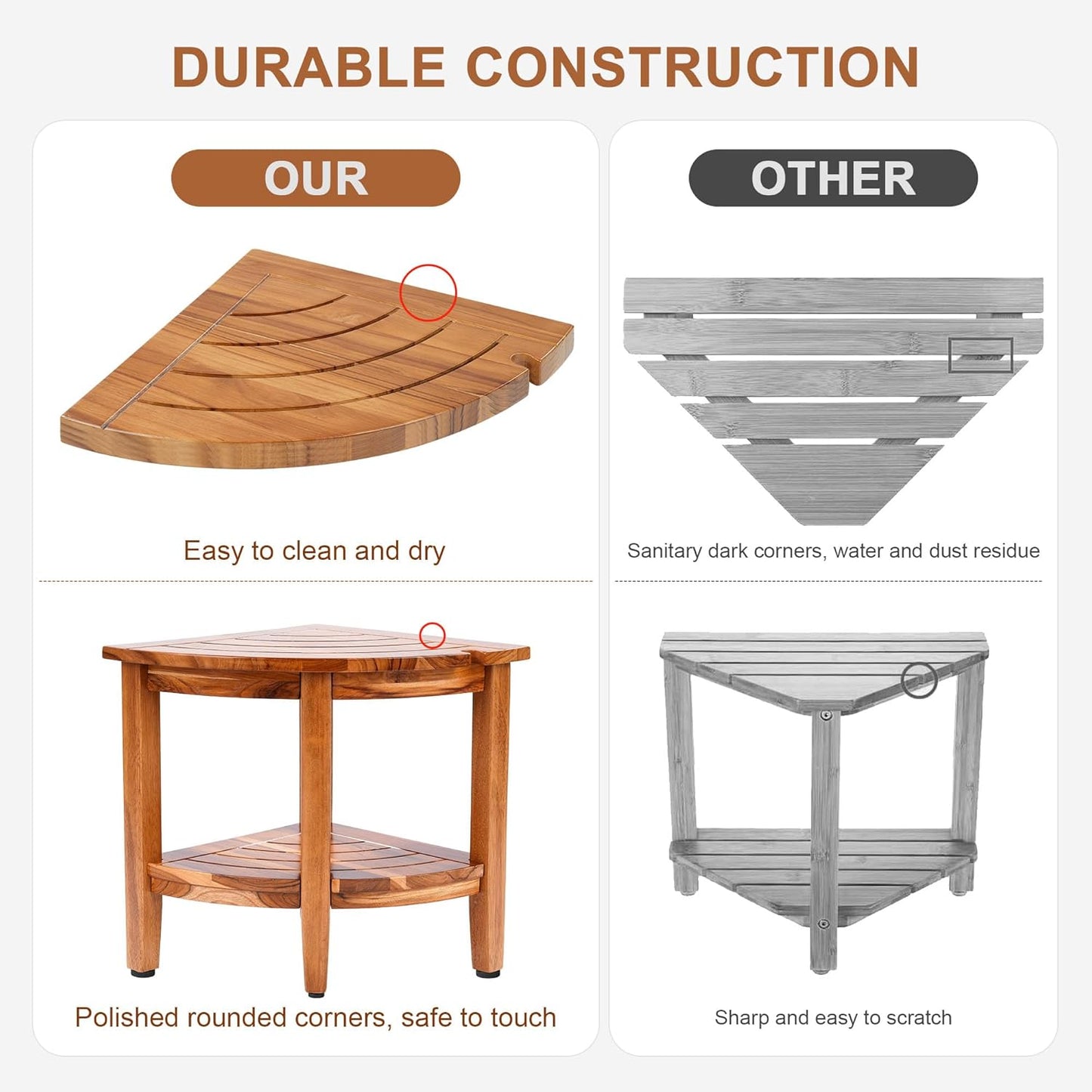 18" Teak Corner Shower Stool, 2-Tier Teak Shower Bench with Storage Shelf, Adjustable Non-Slip Feet, Walnut