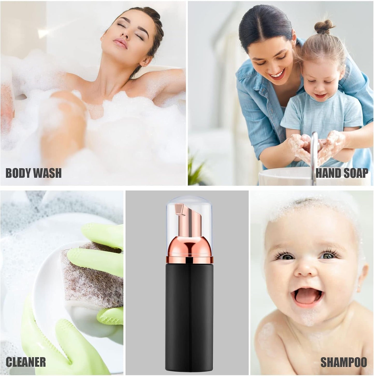 Lil Ray 2 Oz Empty Black Foam Pump Bottle, Foamer Soap Dispenser for Lash Shampoo, Hand Soap, Foaming Cleaner(Rose Gold Pump, 12 PCS)