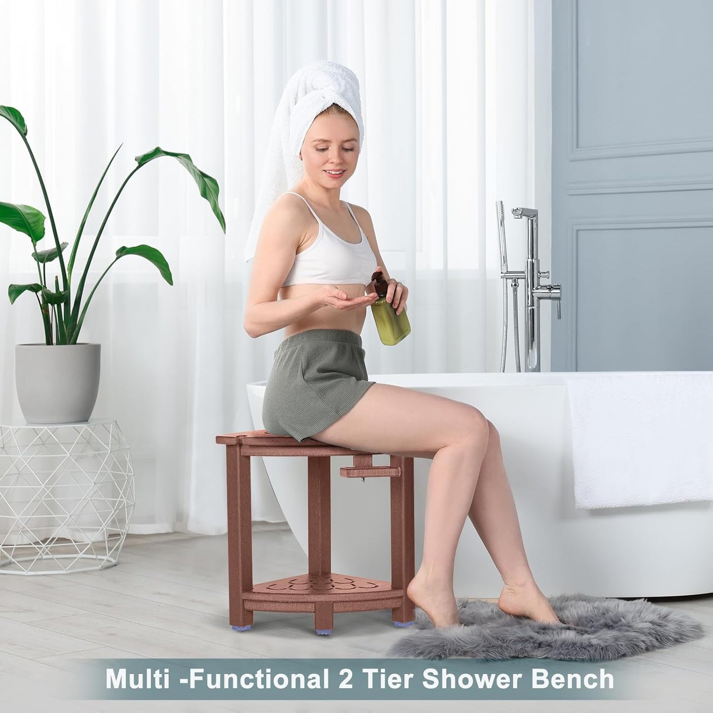 nalone Corner Shower Stool, HDPE Shower Bench for Inside Shower, Small Shower Chair Seat for Shaving Legs with Storage Shelf, Soap Box and No-Slip Feet (Brown)