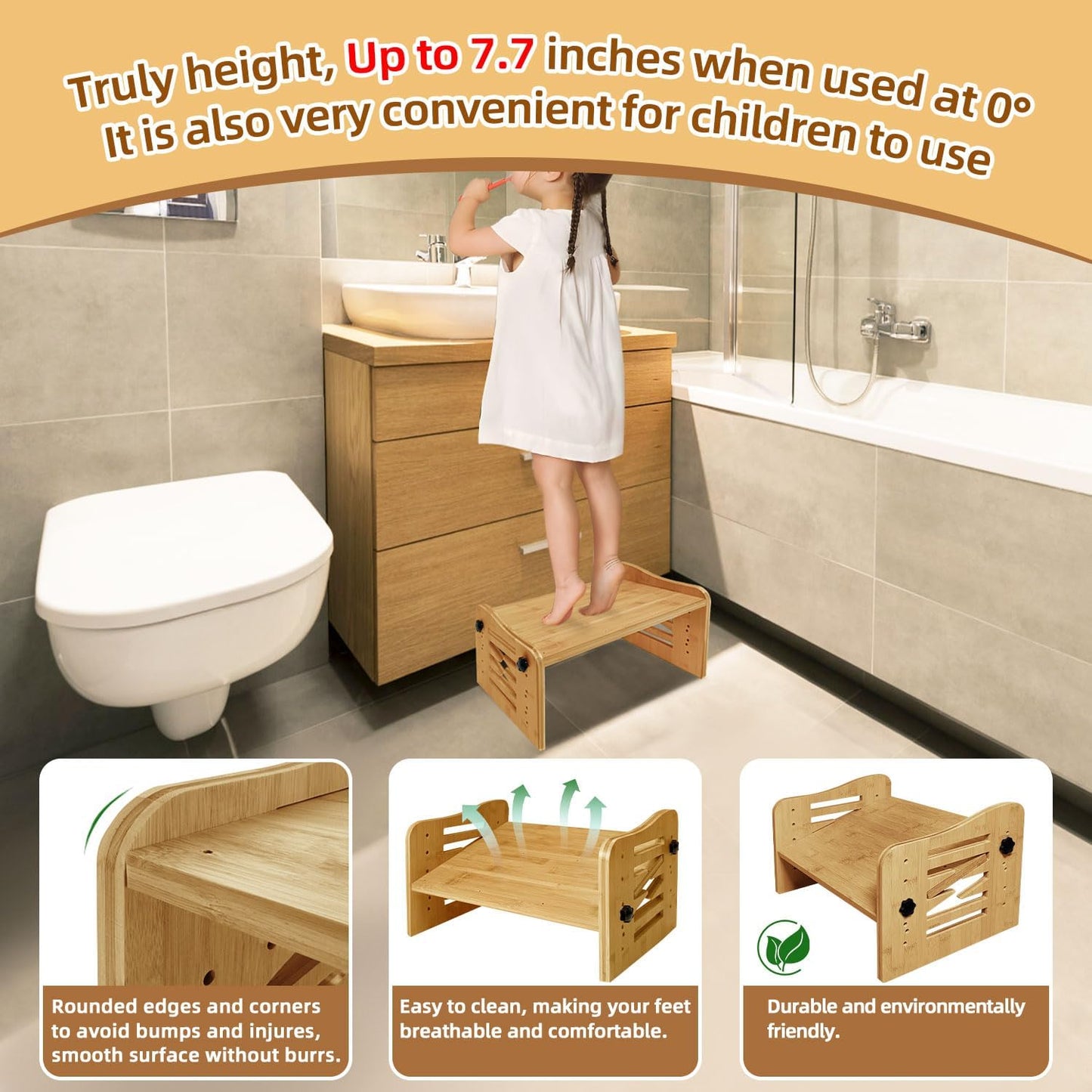 Myplace Bamboo Adjustable Under Desk Footrest with Memory Foam Pad - Ergonomic Foot Rest with 7-Level Adjust, Slanted Foot Rest Stool for Home Office Kitchen Bedroom (Burlywood)