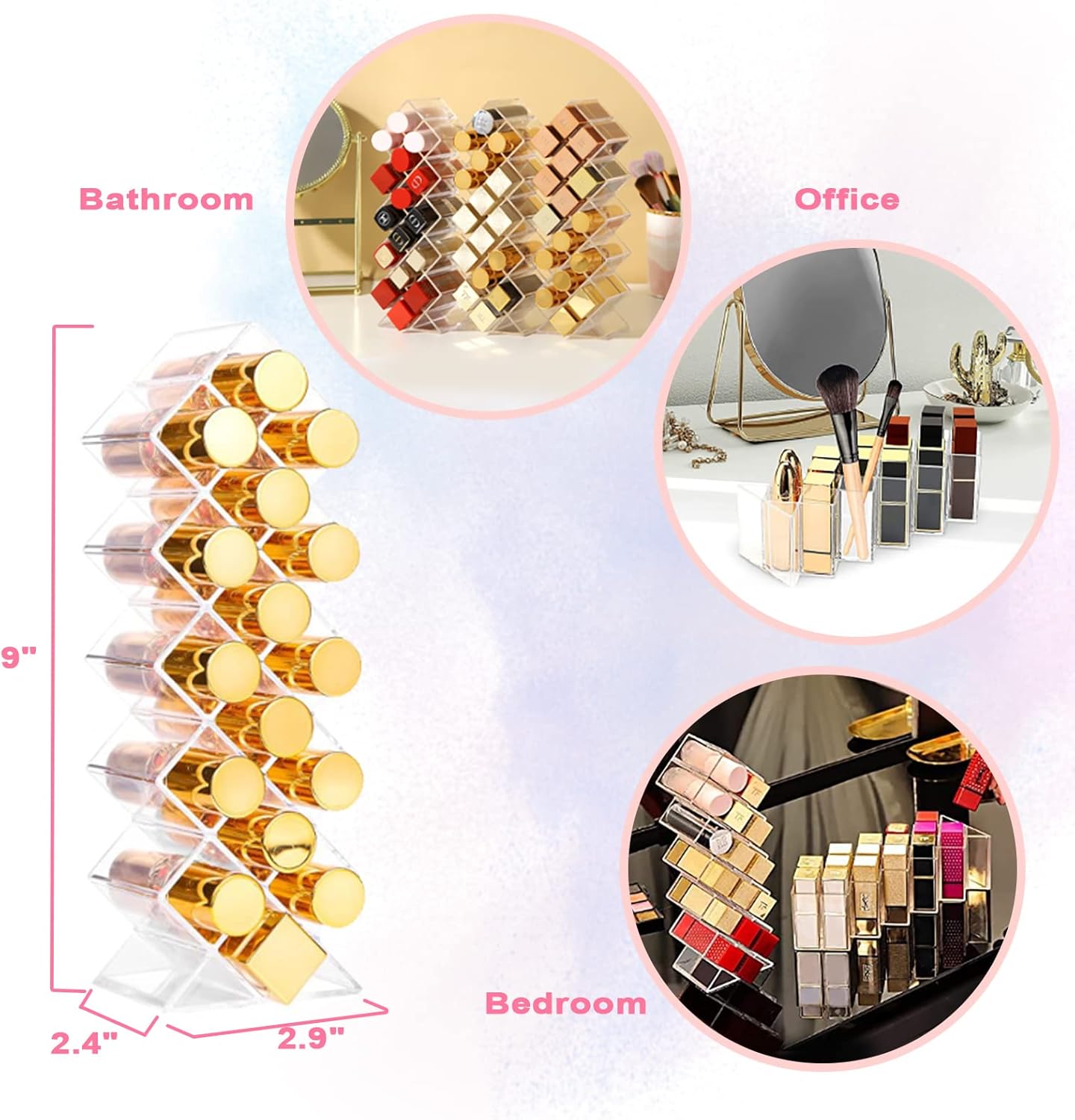 V-HANVER Makeup Organizer Combo - 360° Rotating Makeup Organizer with 7 Adjustable Layers Acrylic Skincare Organizer Large Cosmetic Display Case Clear Perfume Organizer with Makeup Lipstick Holder