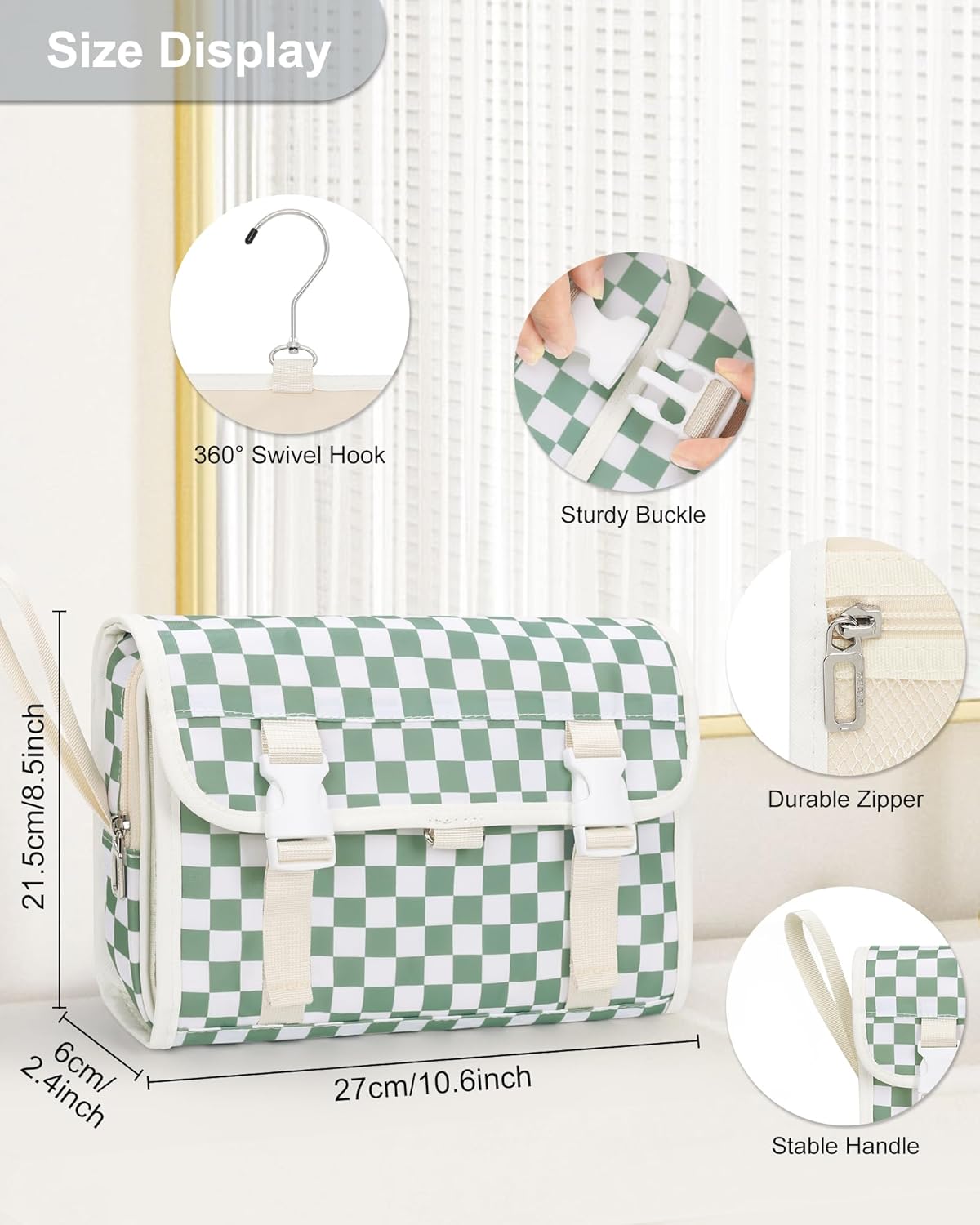 Relavel Travel Hanging Toiletry Bag for Women, Large Capacity Wash Bag with 360 degree Rotation Hanging Hook, Portable Toiletries Makeup Organizer Storage for Daily Use, Trip, Camping - Green Plaid