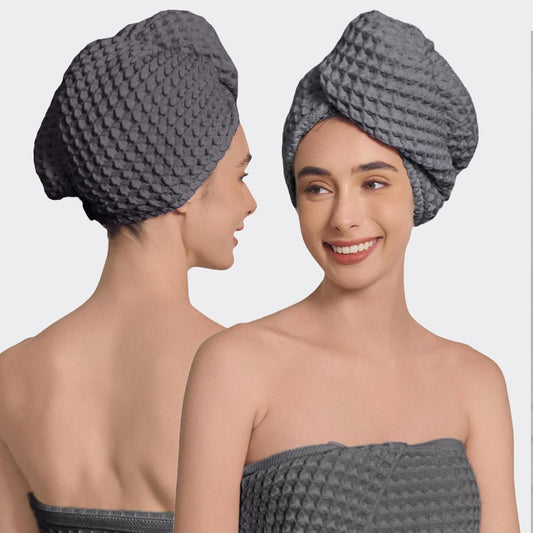 Hair Towel | 100% Cotton Silk Hair-Drying Waffle Wrap Turban for Women, Ultra-Absorbent, Anti Frizz, Hair Damage Protection for Straight and Curly Hair (Smoke Grey, 1 Pack)